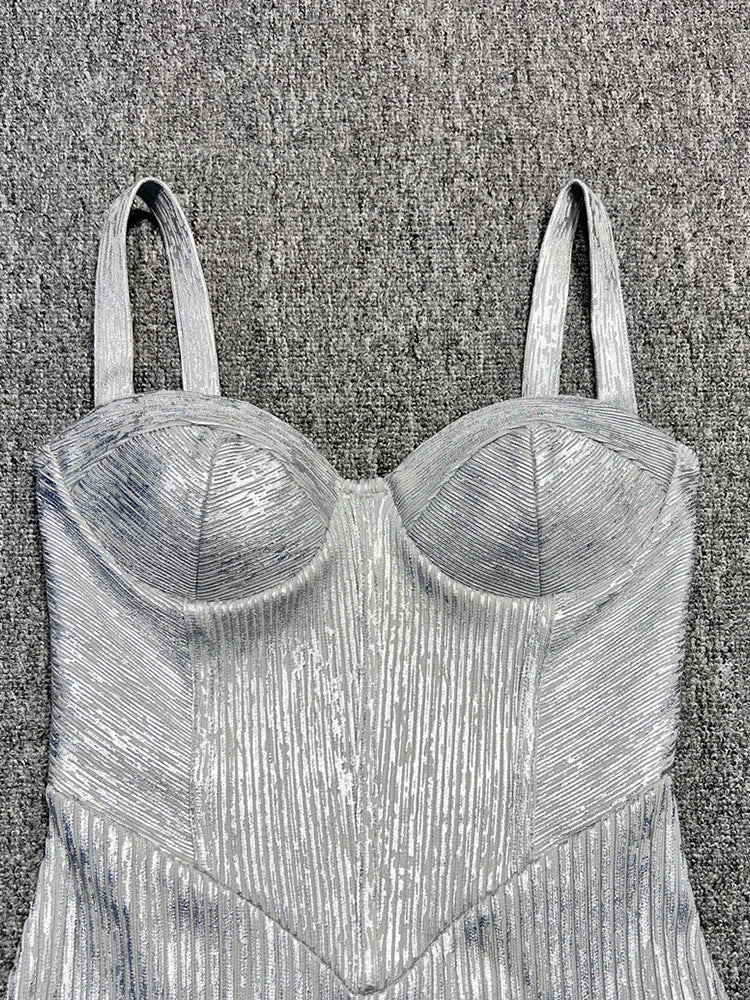 Silver Foil V Neck Bandage Dress | Spaghetti Strap Midi Gown