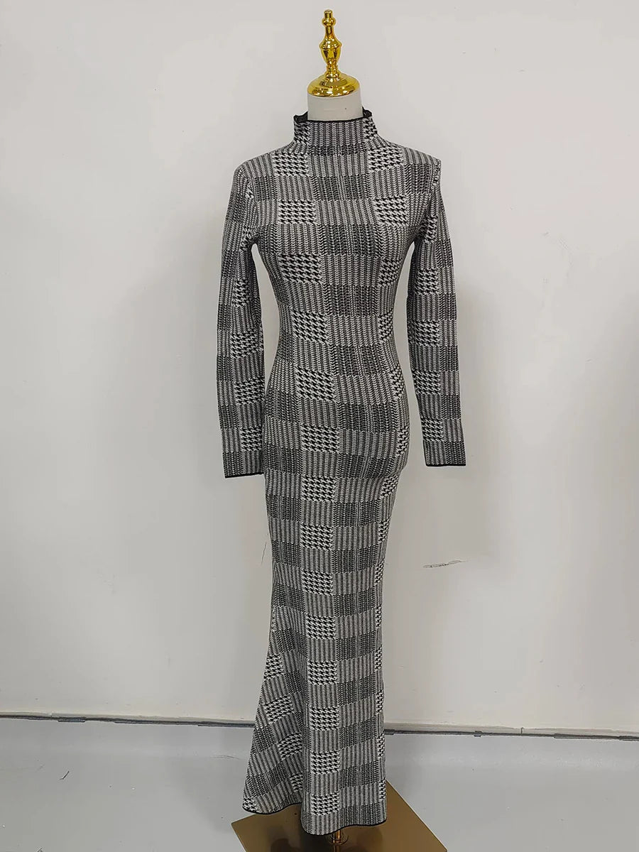 Plaid High-Neck Long Sleeve Sheath Maxi Dress
