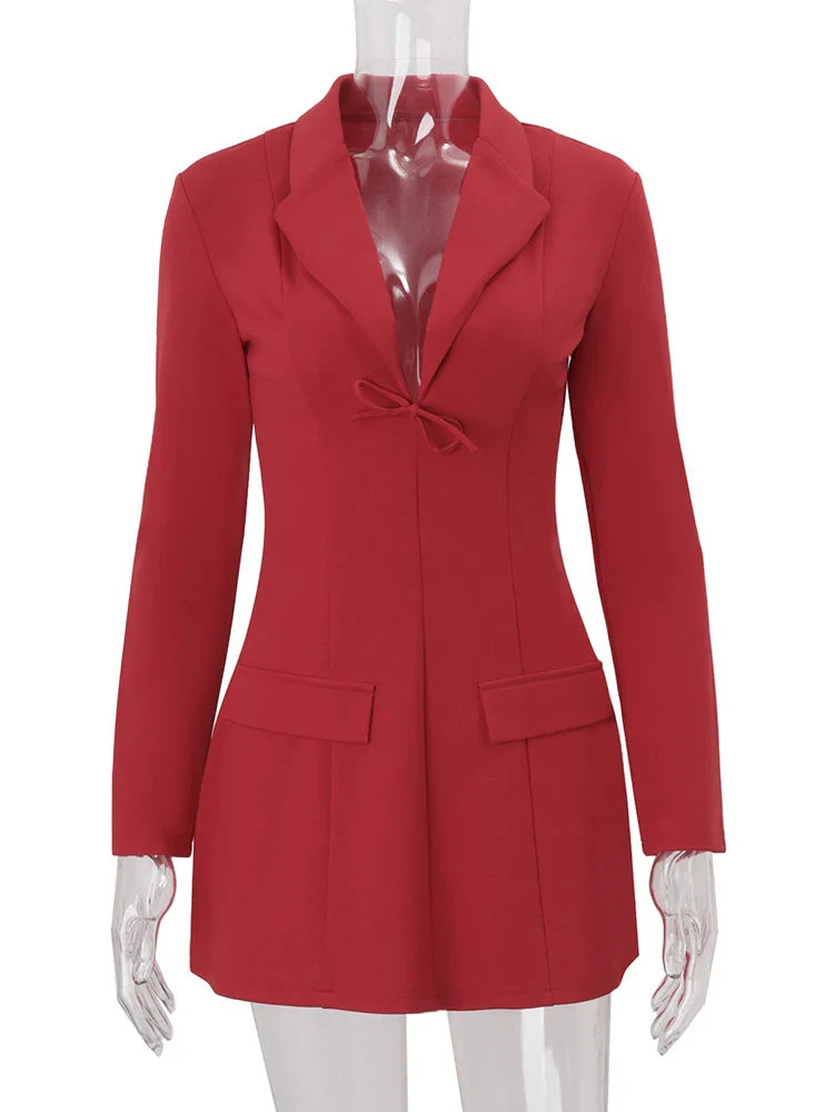 Deep V-Neck Mini Blazer Dress with Bow Detail