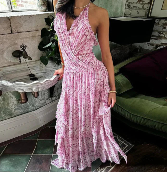 Pink Floral Halter Backless Long Dress – Elegant Summer Beach Evening Look