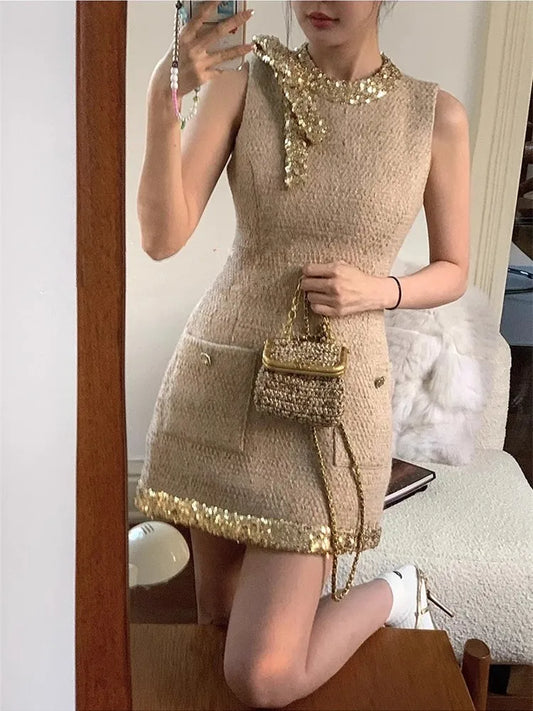 Gold Trim Tweed Sleeveless Mini Dress