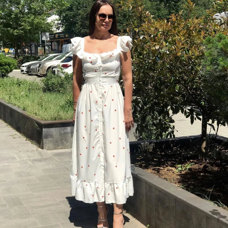 Elegant Ruffled Paisley Maxi Dress for Summer Soirees