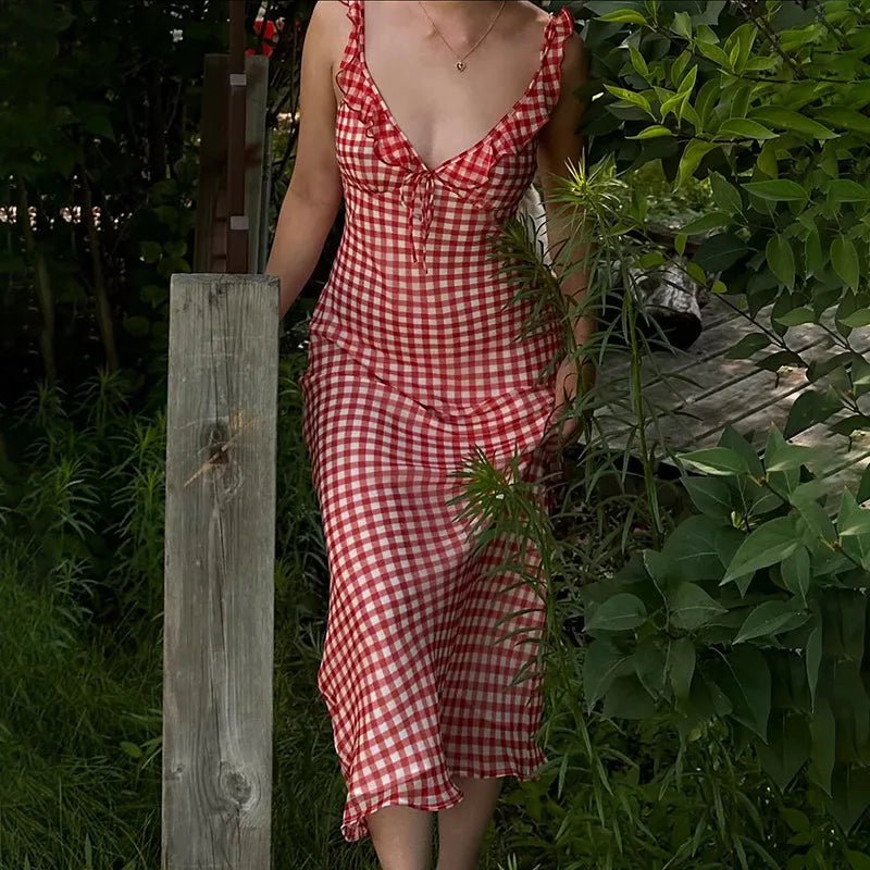 Red Gingham Lace-Up Maxi Dress | Picnic-to-Party Statement