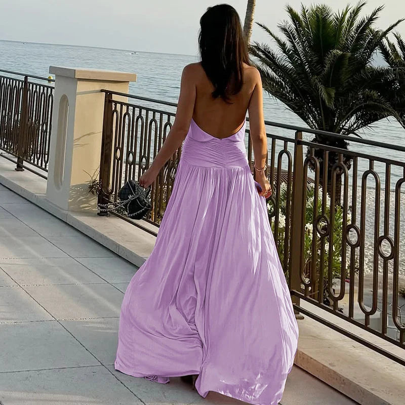 Halter Backless Split Gown | Elegant Pleated Maxi Dress