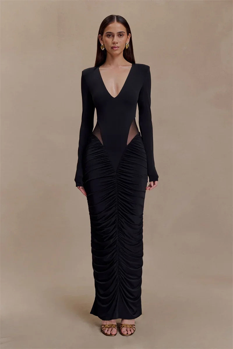 Deep V Neck Long Sleeve Cut Out Maxi Dress