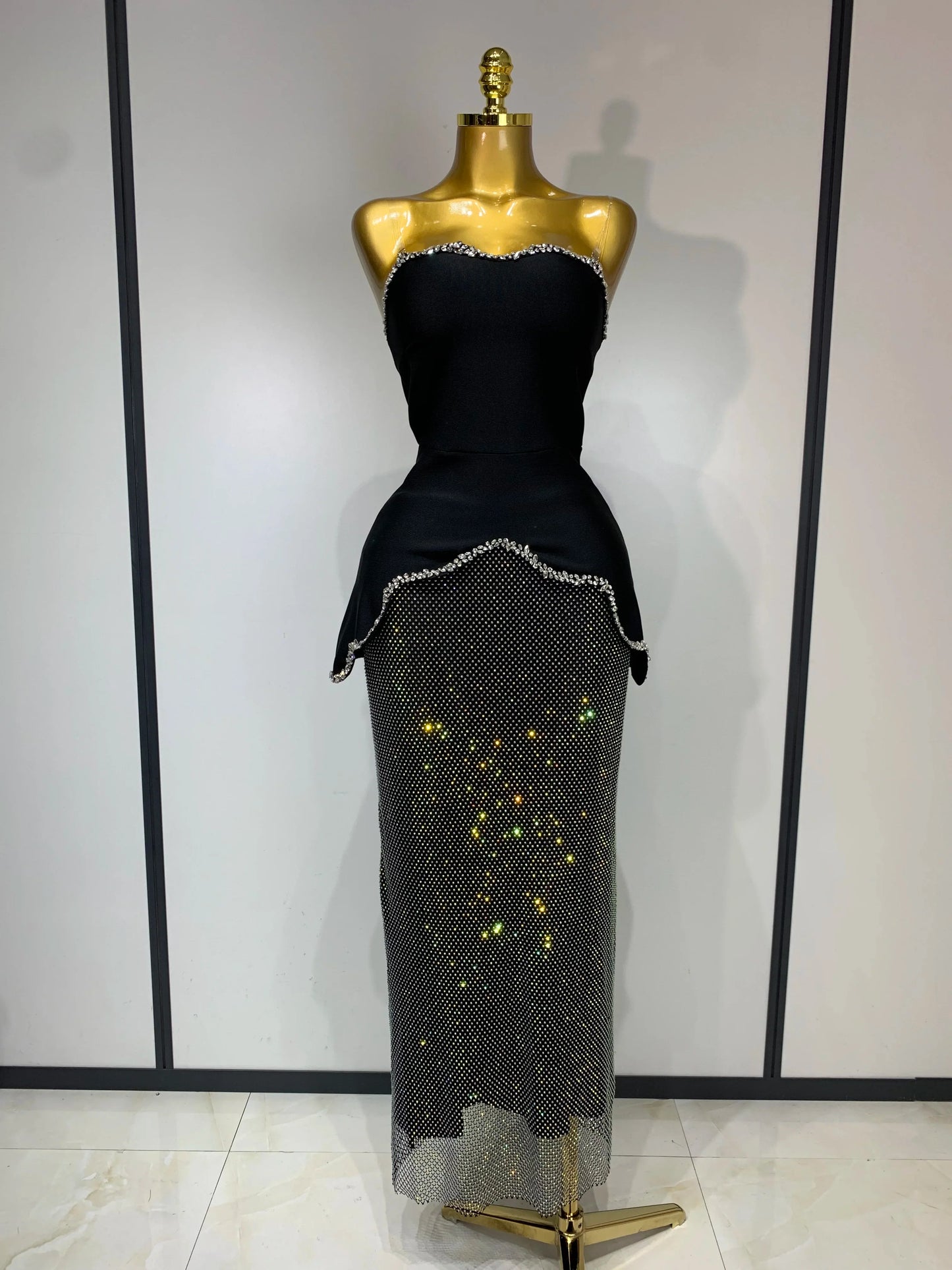 Black rhinestone corset top & sequin skirt.  