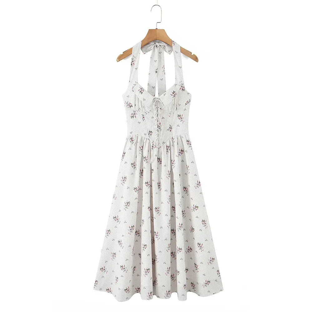 White Floral Lace-Up Square Neck Midi Dress