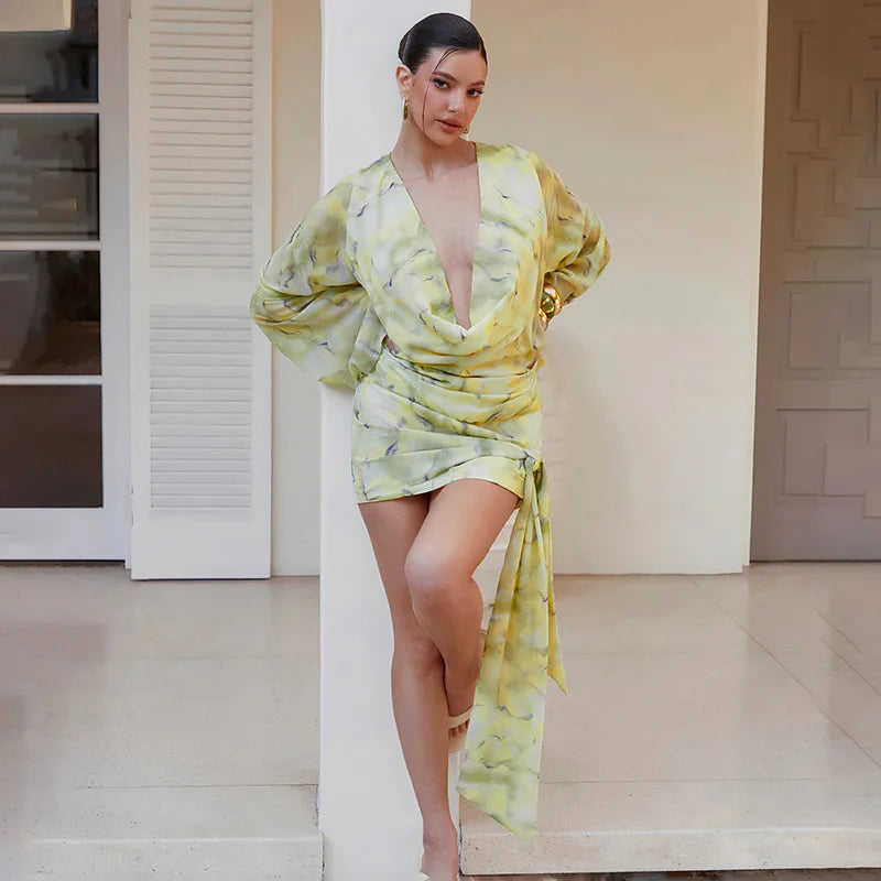 Mesh Deep Cowl Neck Long Sleeve Mini Dress