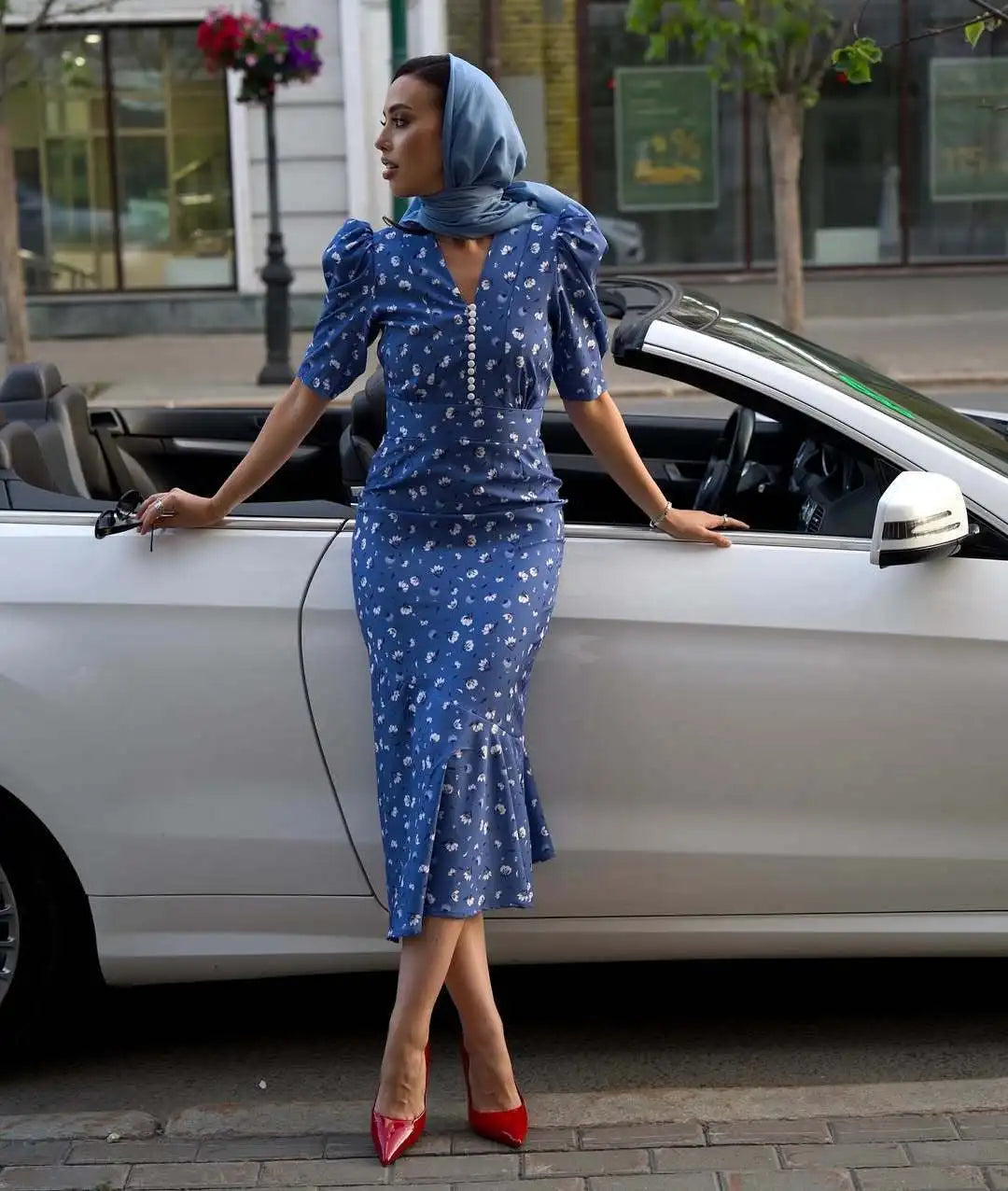 Half-Sleeve Polka Dot Midi Dress