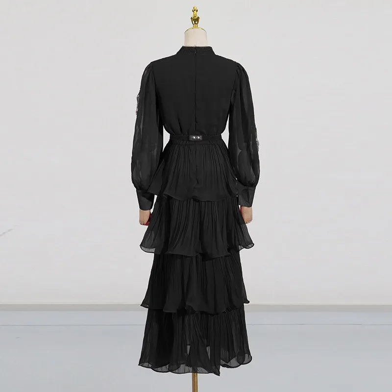 Red Lace Ruffle Maxi Dress | Tiered Layer Boho Party Gown