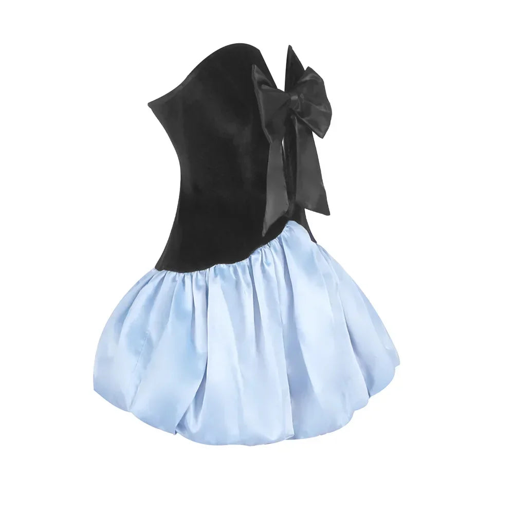 Velvet Bow Puff Hem Mini Dress | Blue Strapless Party Edit