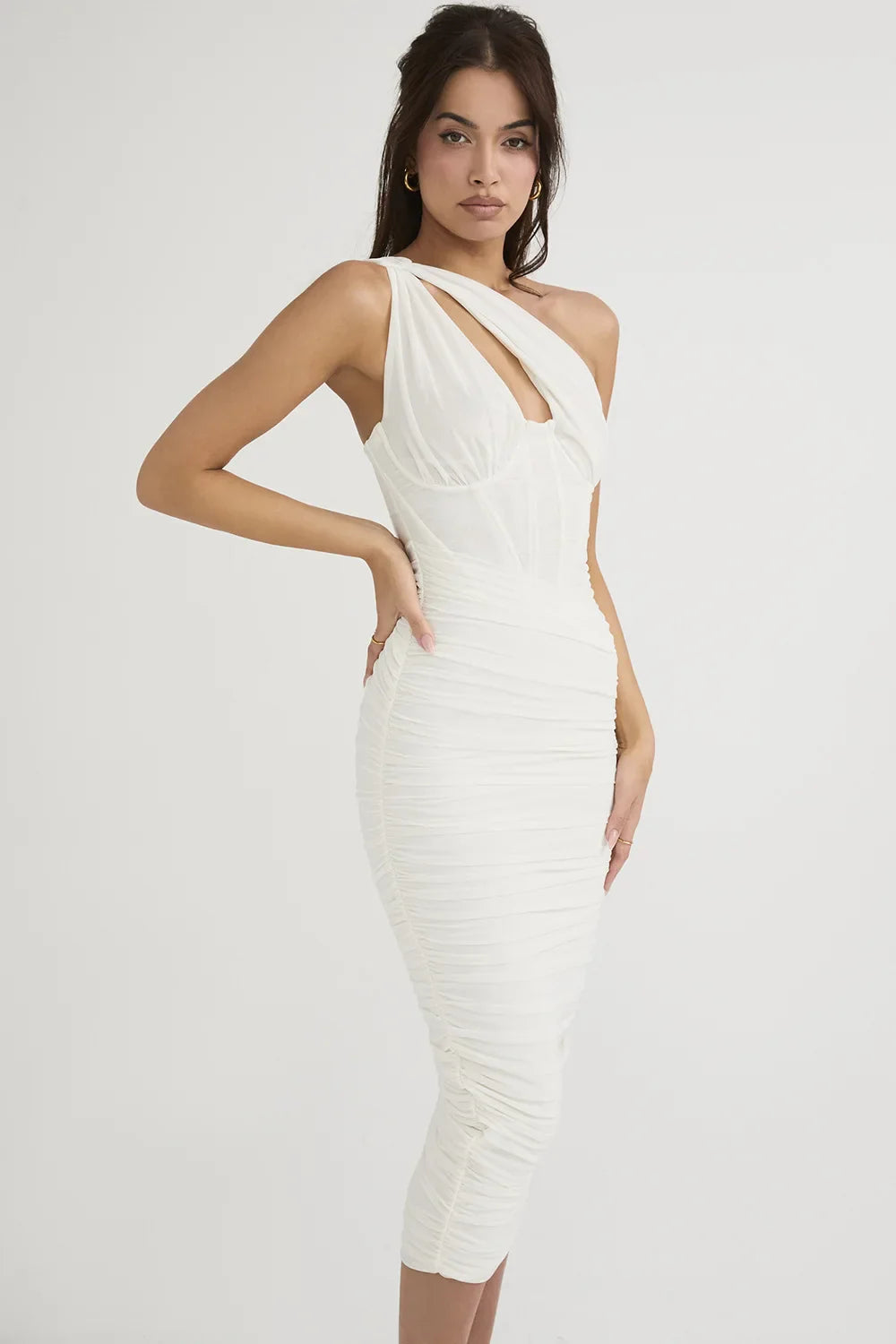 One-Shoulder Ruched Corset Midi Dress