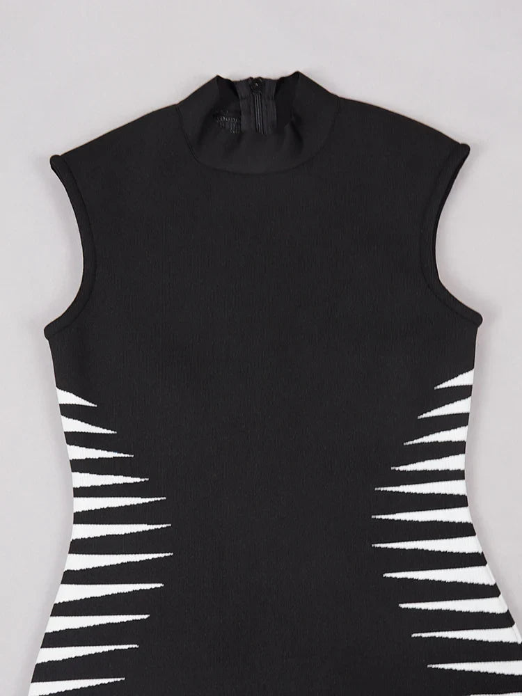 Black O Neck Patchwork Bandage Dress | Sleeveless Midi Gown