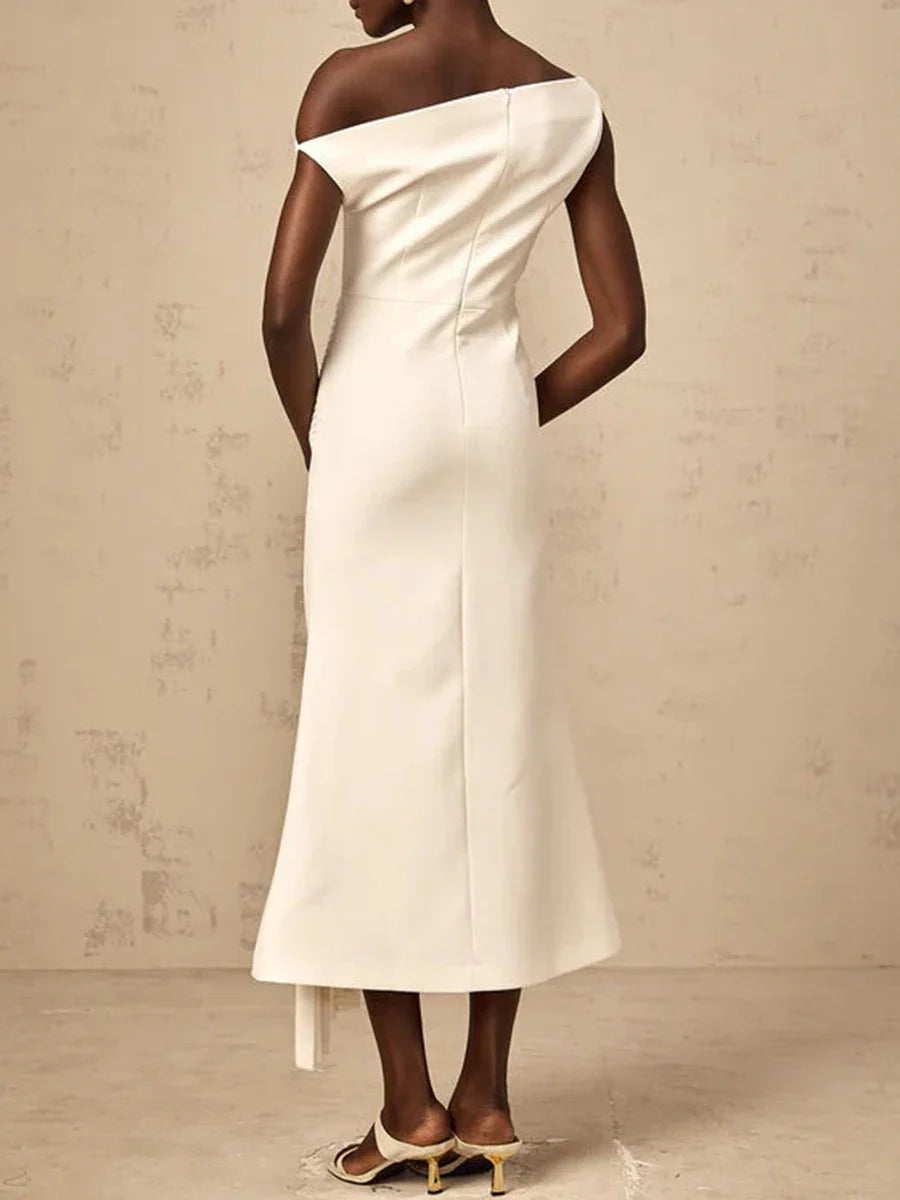 Diagonal Neck Midi Dress | Off-Shoulder Folded Elegance