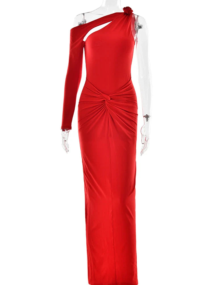 One-Shoulder 3D Flower Cut-Out Maxi Dress