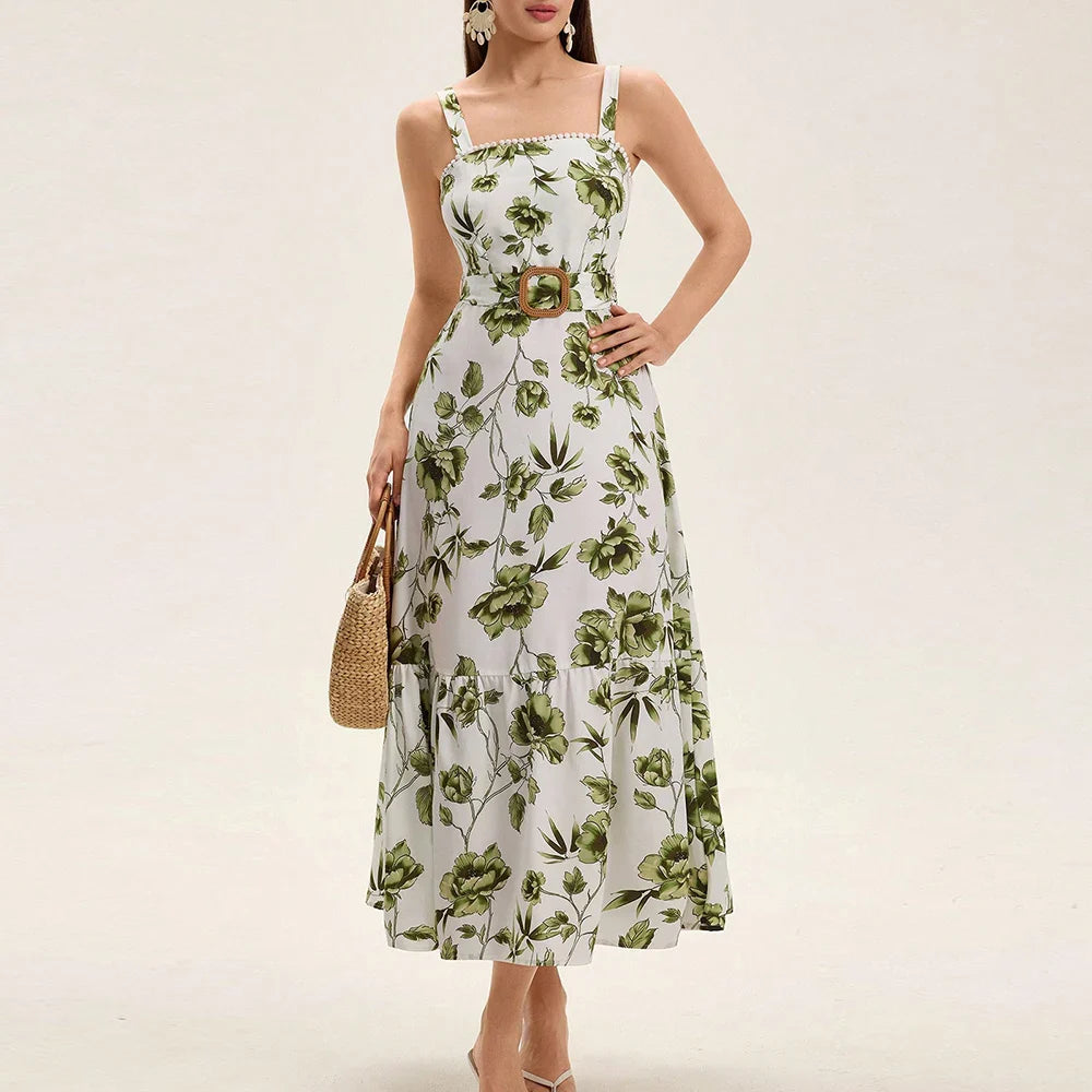 Green Floral Belted Maxi Dress | Square Neck Sundress for Late Summer