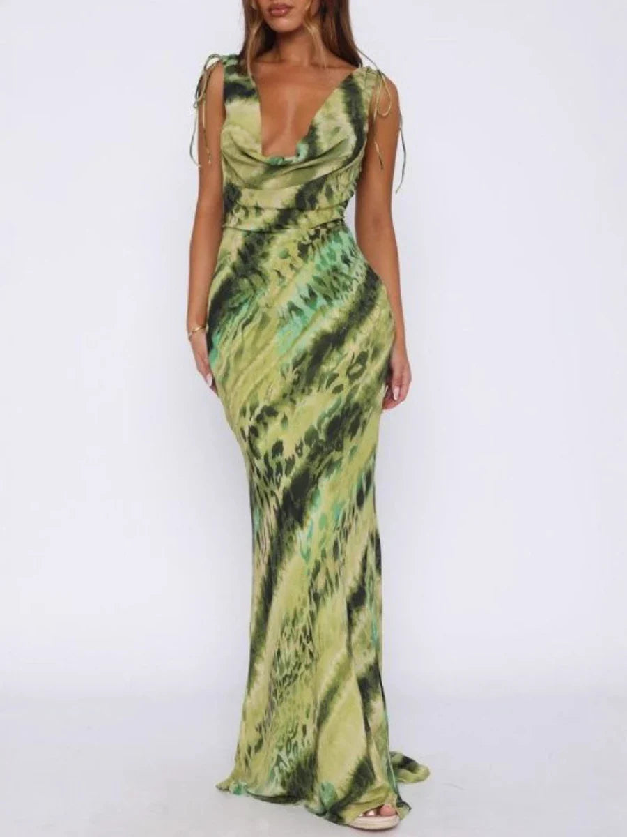 Green Printed Cowl Tie Up Maxi Dress