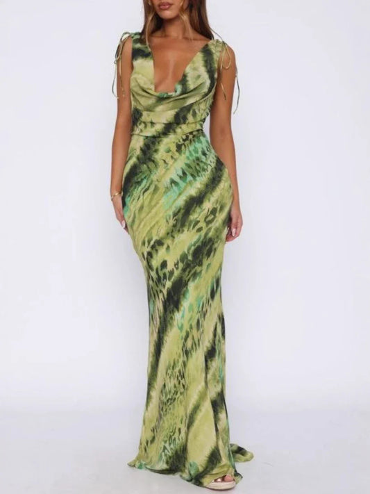 Green Printed Cowl Tie Up Maxi Dress