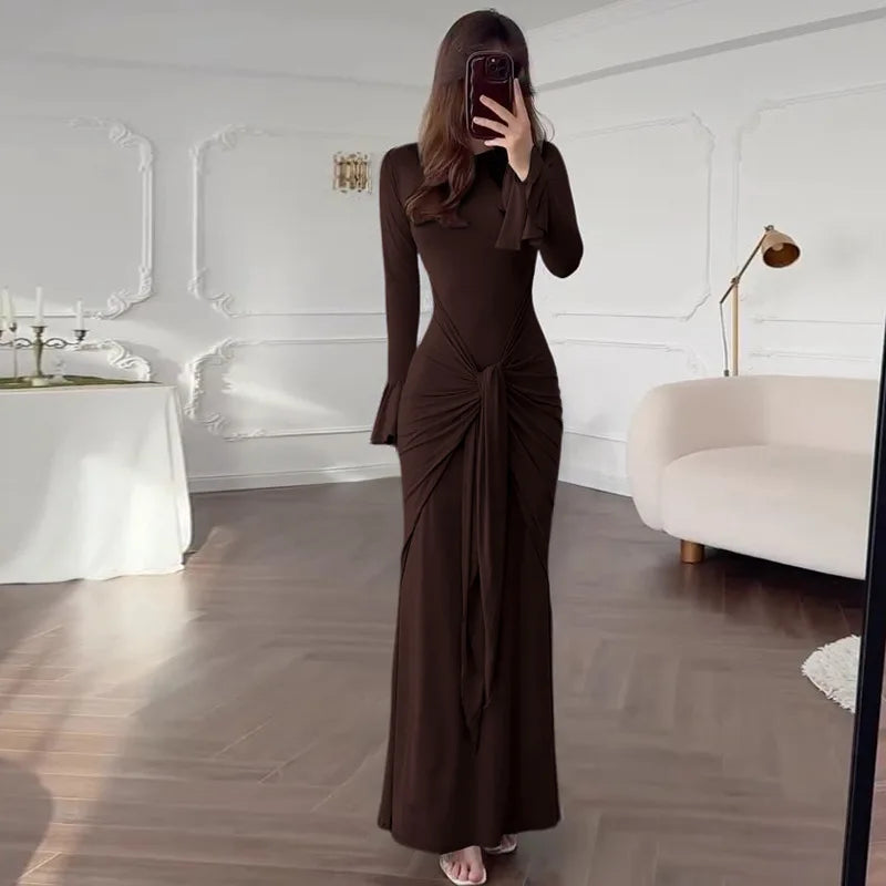 Chocolate Butterfly Sleeve Maxi Dress | Sculpted Pleat Waist