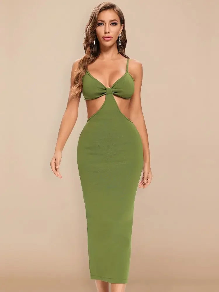 Green dress with cut-out design on a beige background