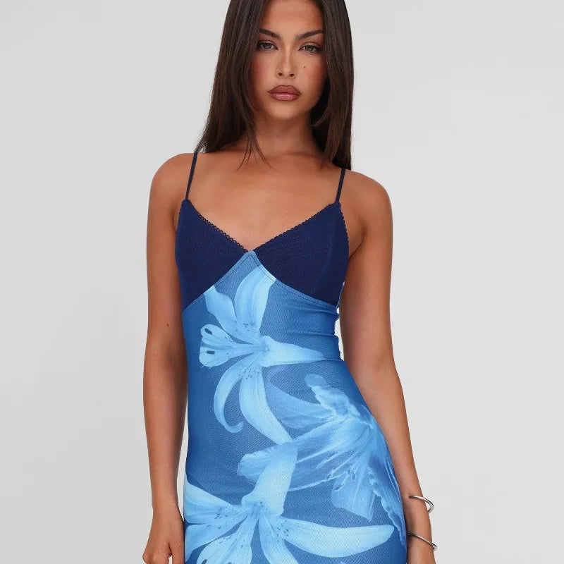 Blue Floral Backless Maxi Dress | Summer Spaghetti Strap