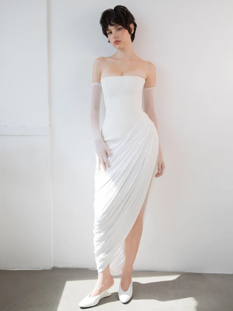 White Strapless Draped Maxi Dress with High Slit