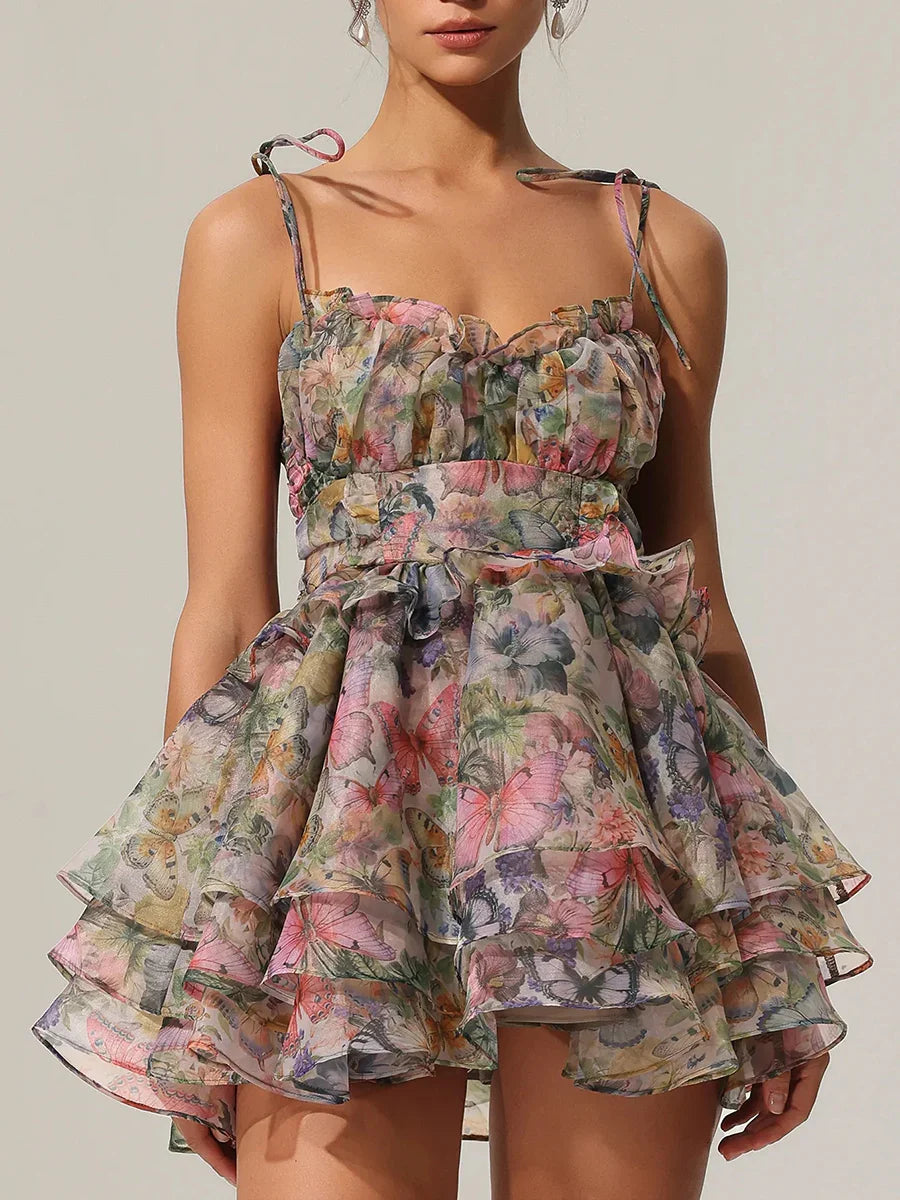 Printed Mini Dress - Square Neck Sleeveless A-Line