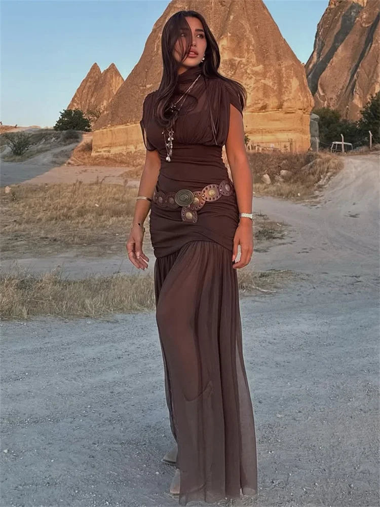 Black See-Through Pleated Mesh Maxi Dress