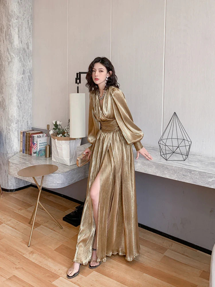 Gold Lantern Sleeve V-Neck Split Long Dress