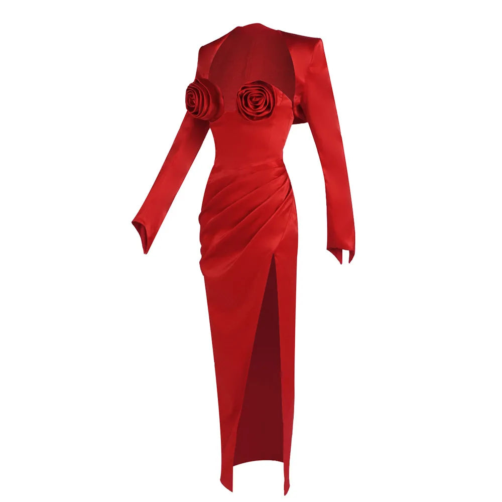 Red Satin 3d Flower Slit Maxi Dress With Crop Jacket