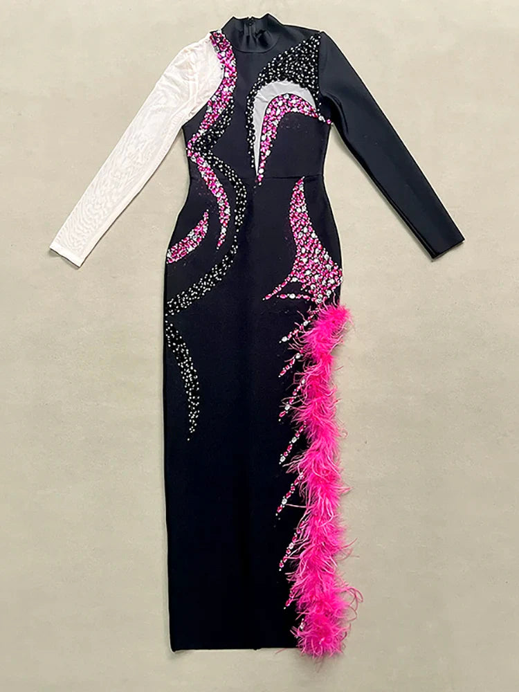 Black Long Sleeve Mesh Diamond Dress | Feather Split Bandage