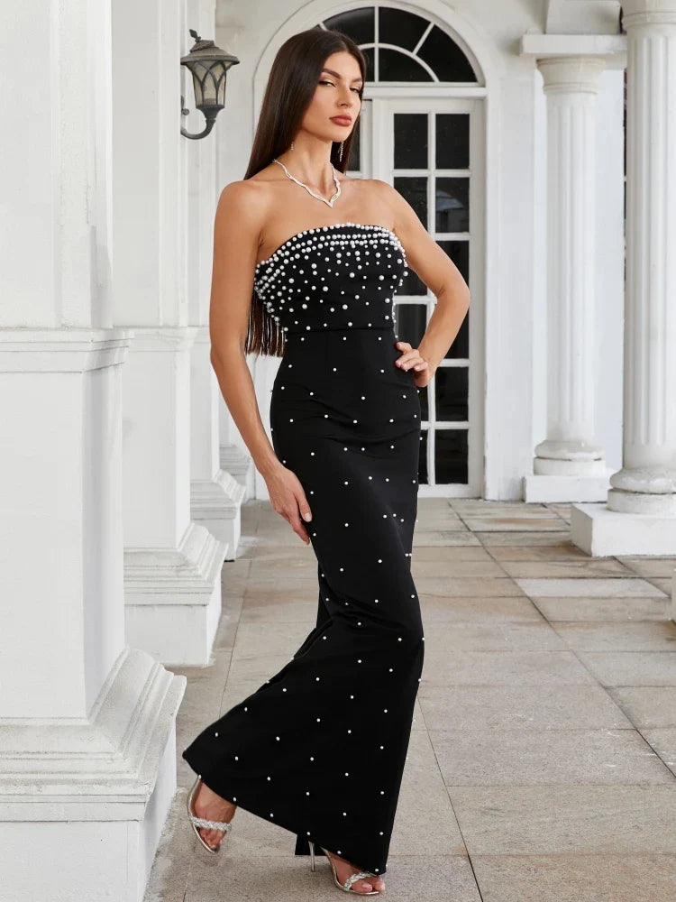 Strapless Pearl Beaded Gown – Elegant Slim-Fit Ankle-Length Dress