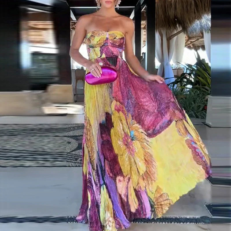 Boho Floral Maxi Dress | Strapless Pleated Beachwear