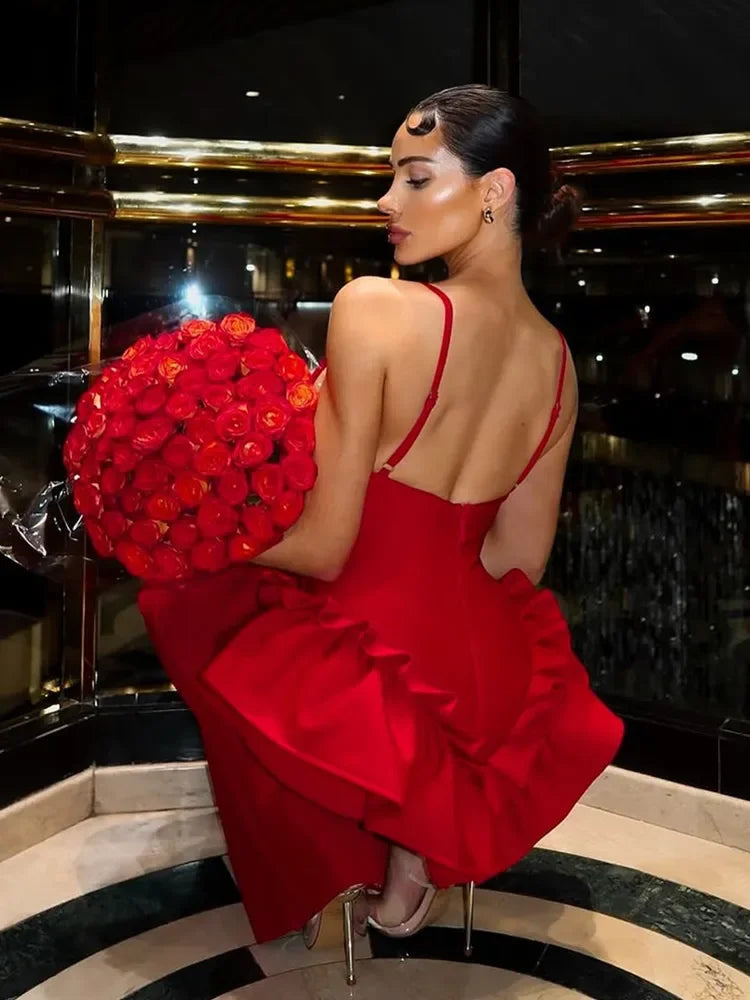 Red Ruffles V-Neck Maxi Bodycon Dress - Elegant Evening & Party Outfit