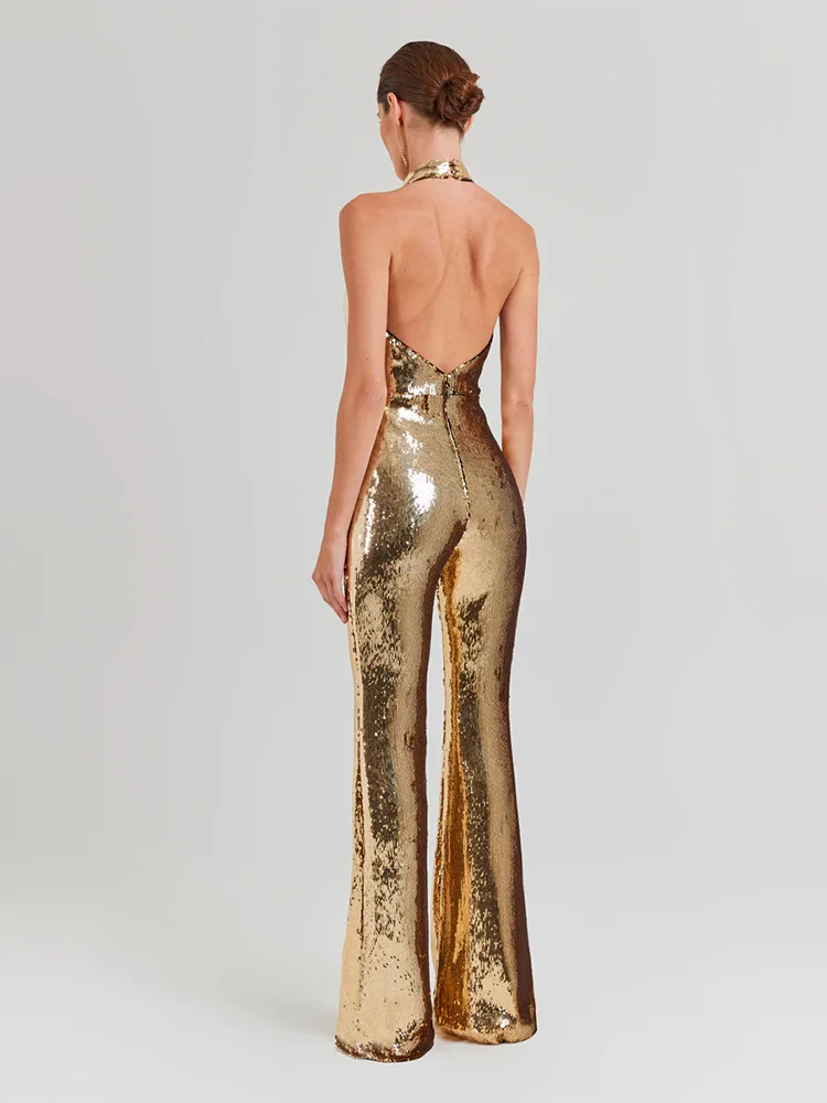 Gold Sequin Sleeveless V Neck Wide Leg Jumpsuit