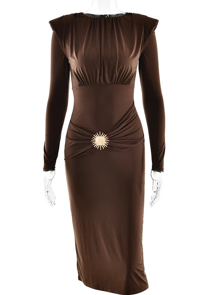 Long Sleeve Draped Metal Detail Maxi Dress