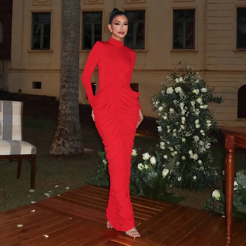 Turtleneck Ruched Long Sleeve Maxi Dress