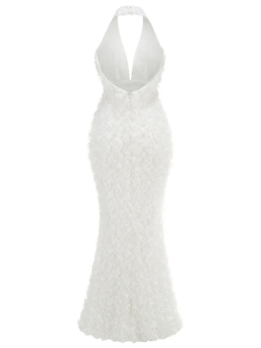 White Flower Applique Halter Dress with Sculpted V-Neck