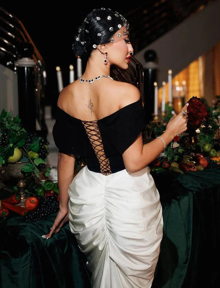 Off-Shoulder Black & White Patchwork Long Dress