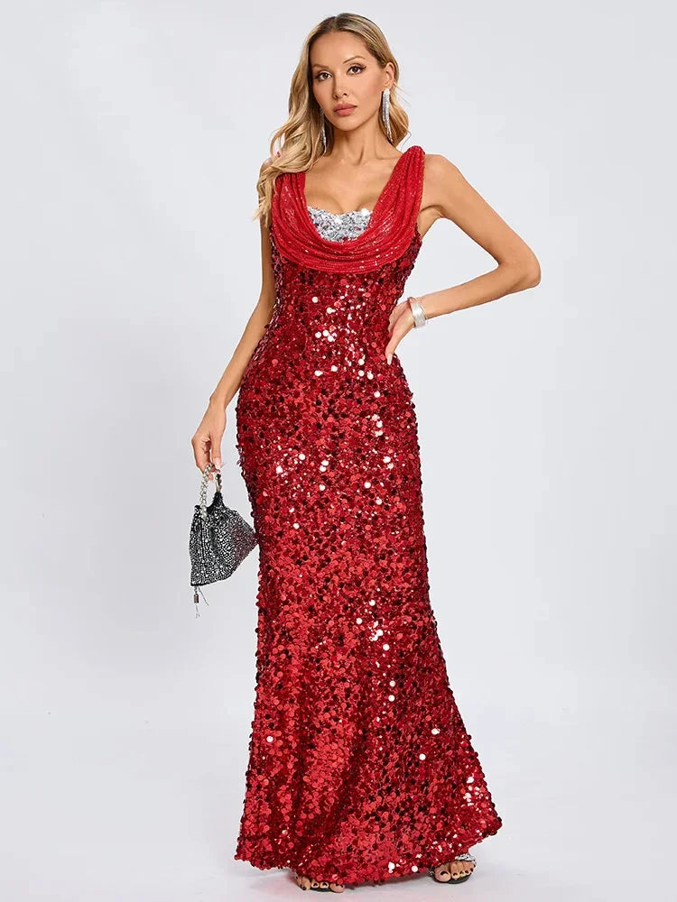 Red Sequin Maxi Dress | Cowl Crystal Neck Iridescent Glam