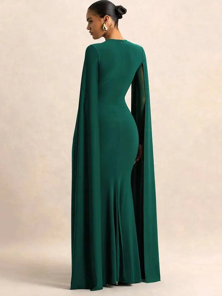 Green Long Sleeve Ribbons Maxi Dress