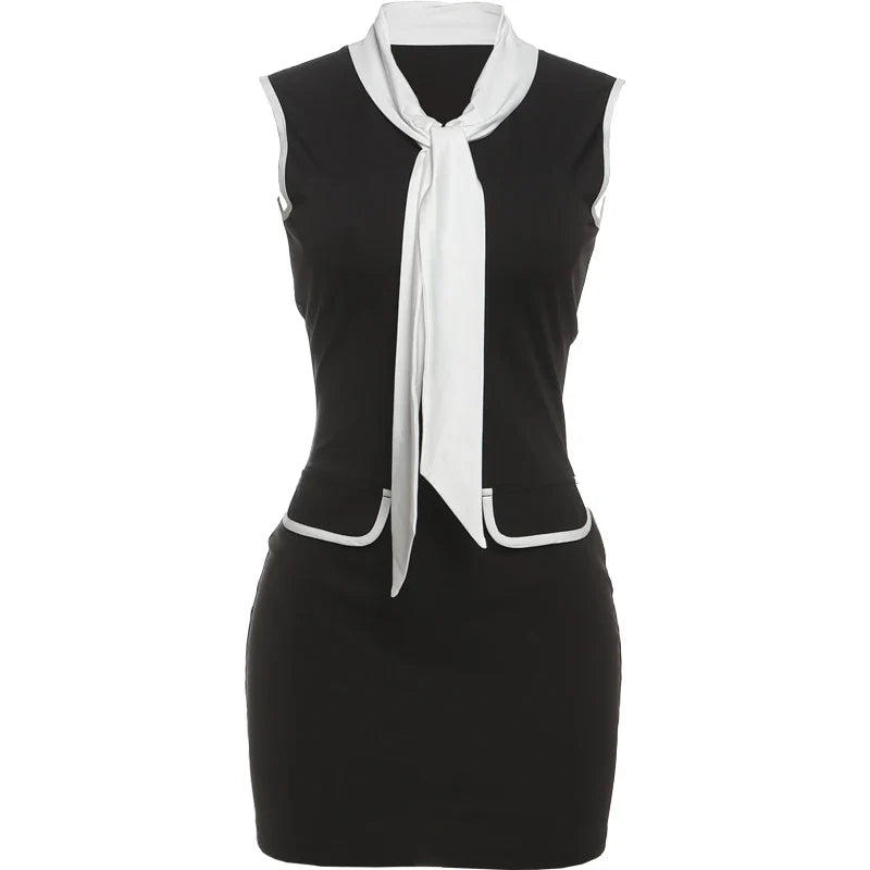 Black dress with white accents on a white background