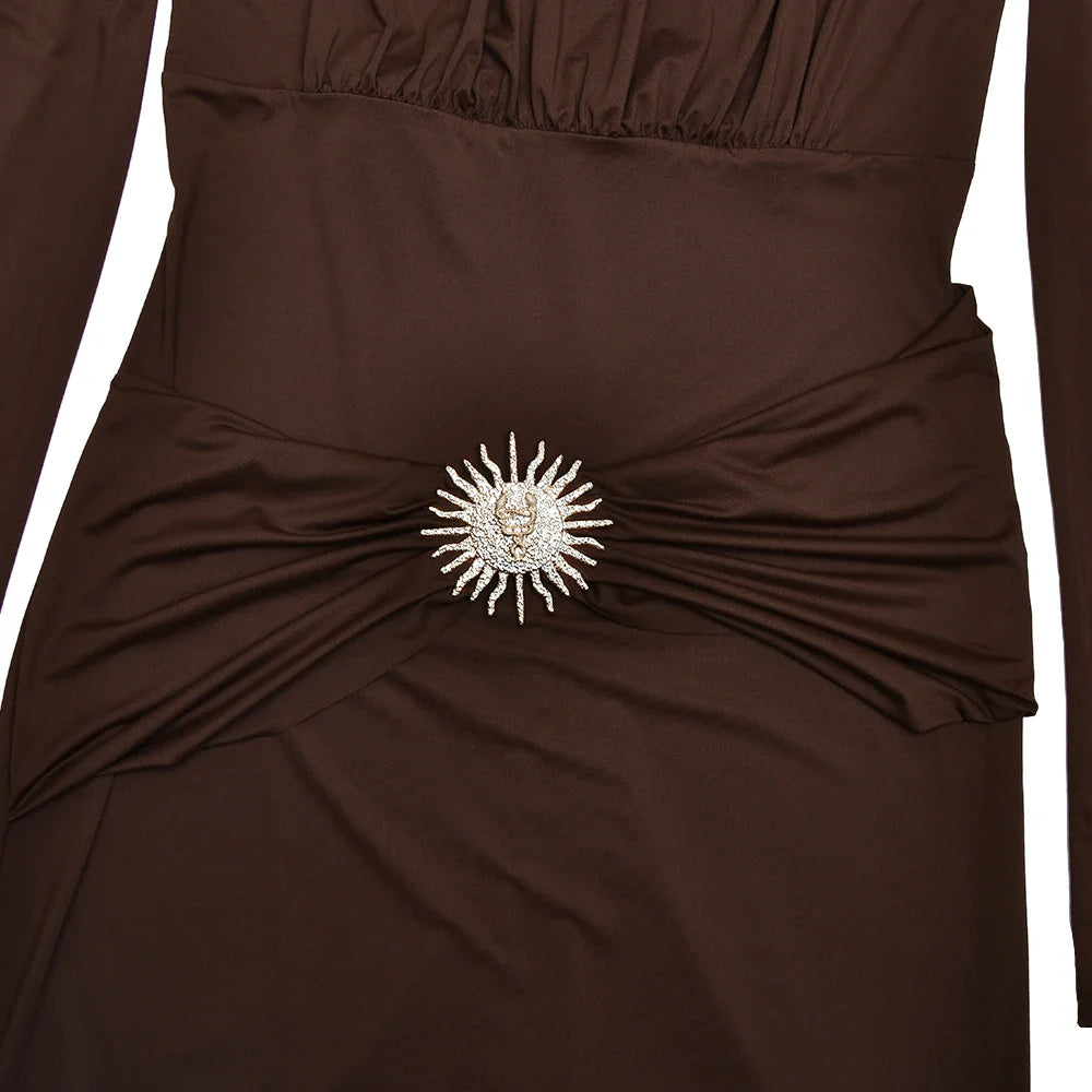 Long Sleeve Draped Metal Detail Maxi Dress