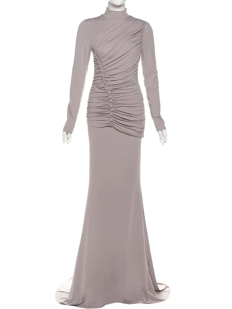 Silver Ruched High Neck Maxi Dress | Sculpted Stretch Sheath