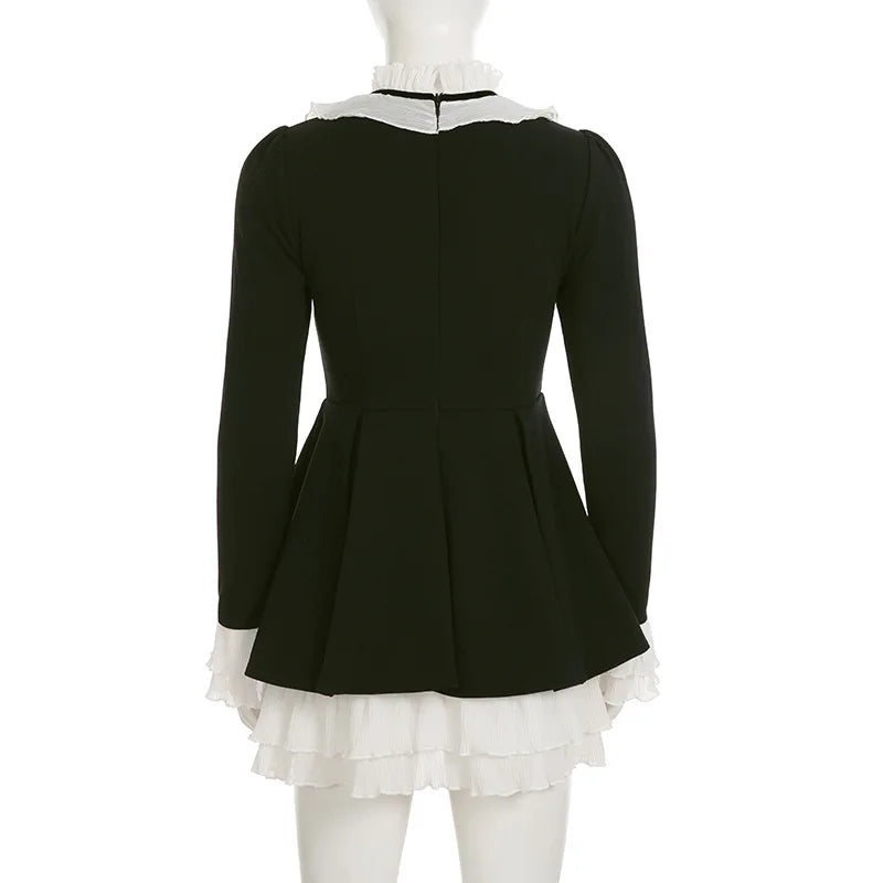 Black Ruffle Mini Dress | Retro White Contrast Party Style