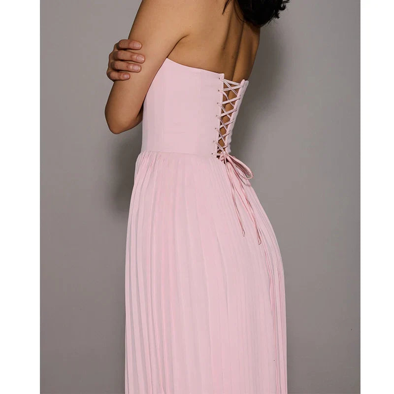 Pink Strapless Pleated Midi Dress with Sculpted Bodice