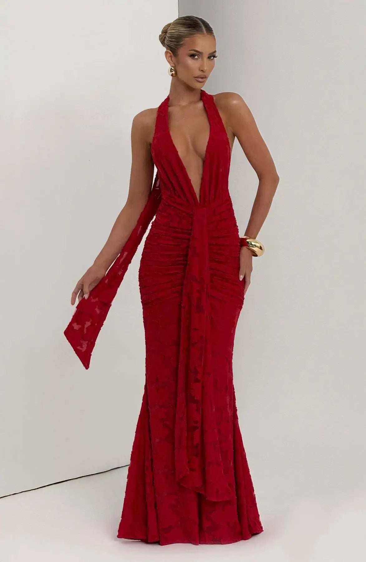 Red Plunge Halter Evening Gown, Draped Maxi