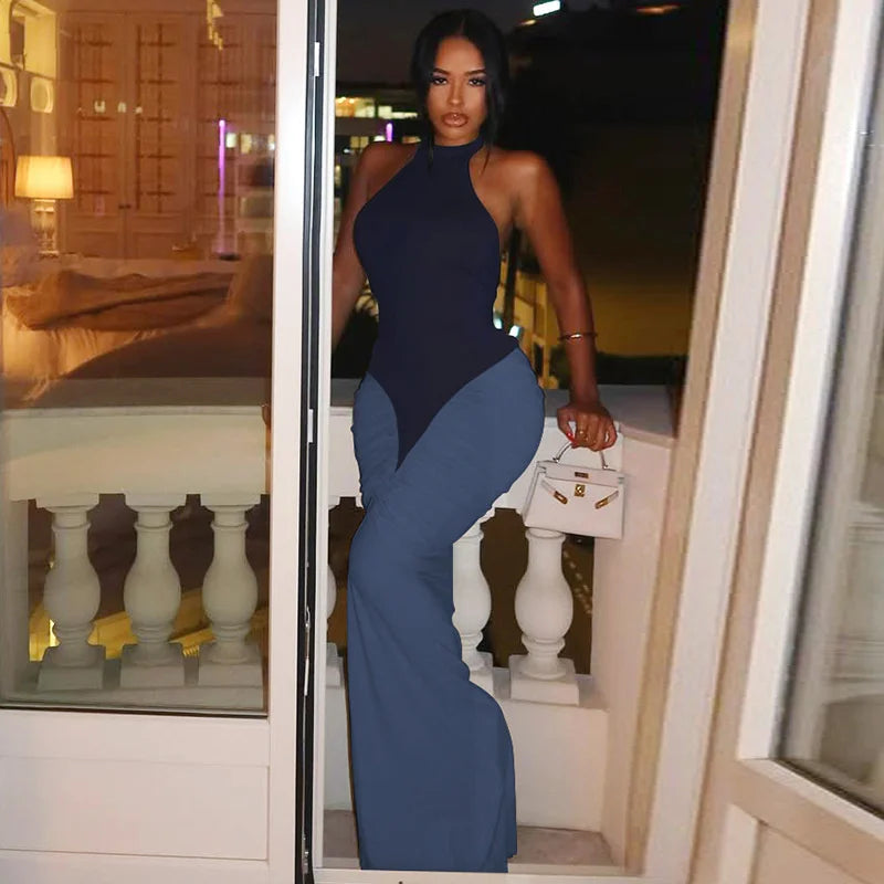 Halter Backless Maxi Dress | Ruched Patchwork Sheath Gown