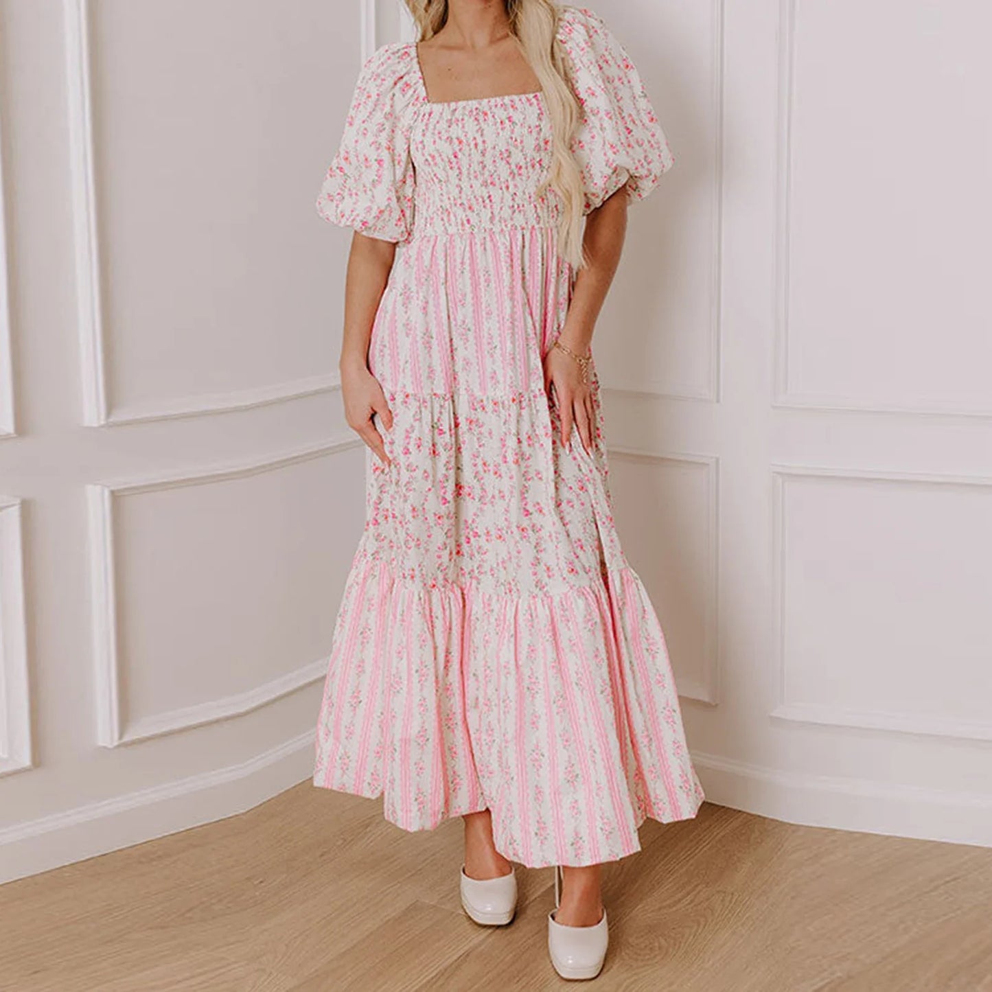 Charming Floral Print Square Collar Puff Sleeve Maxi Dress