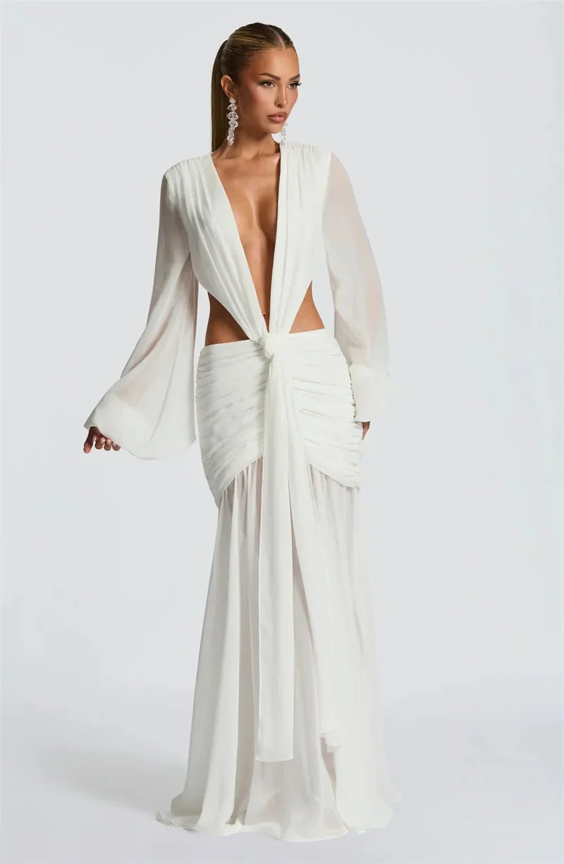 Deep V Maxi Gown | Sheer Sleeve Resort Party Dress